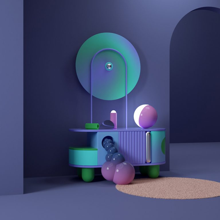 Фиолетовый дизайн интерьера в 3D