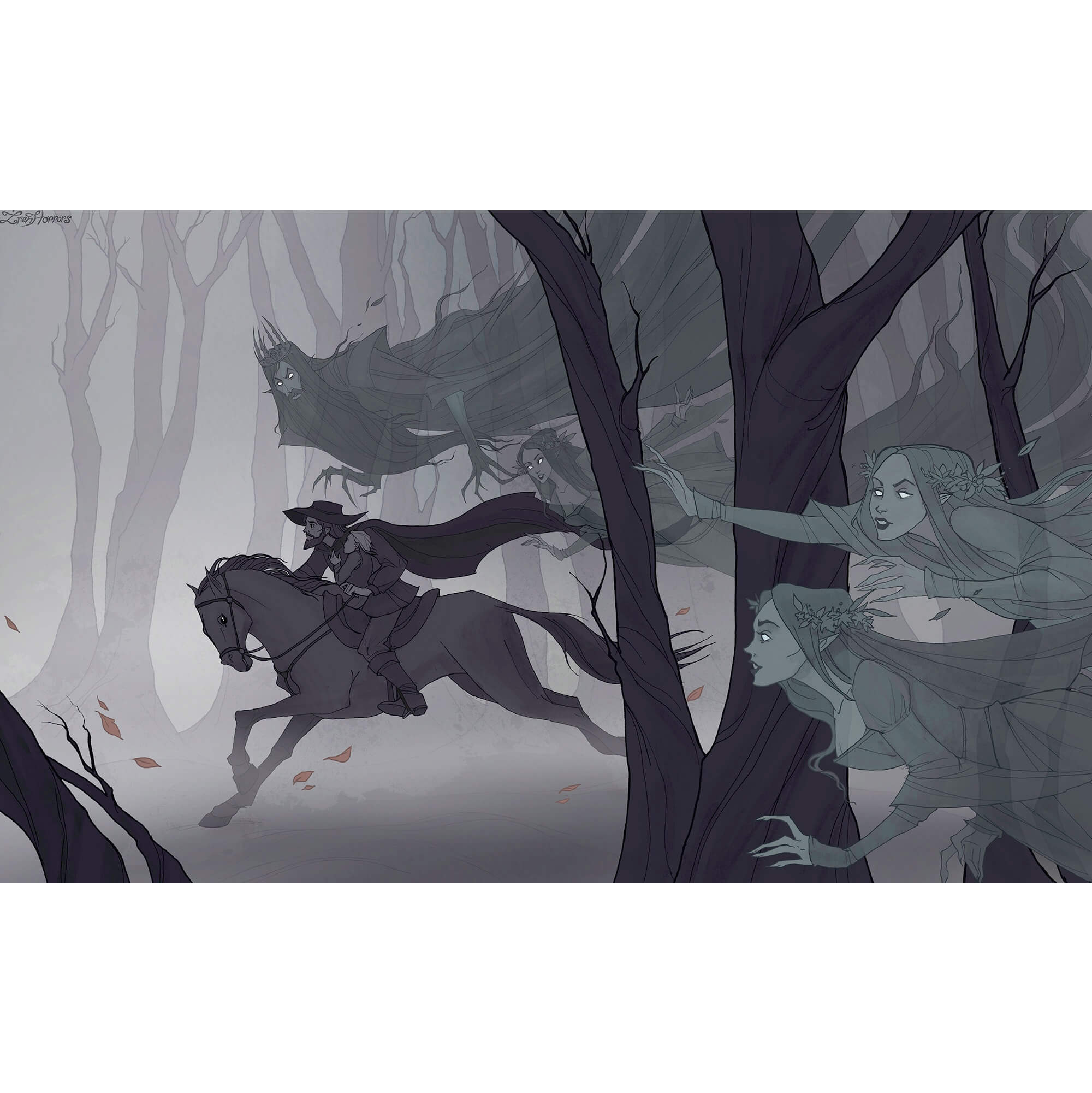 мужчина на коне скачет через лес, его преследует призраки