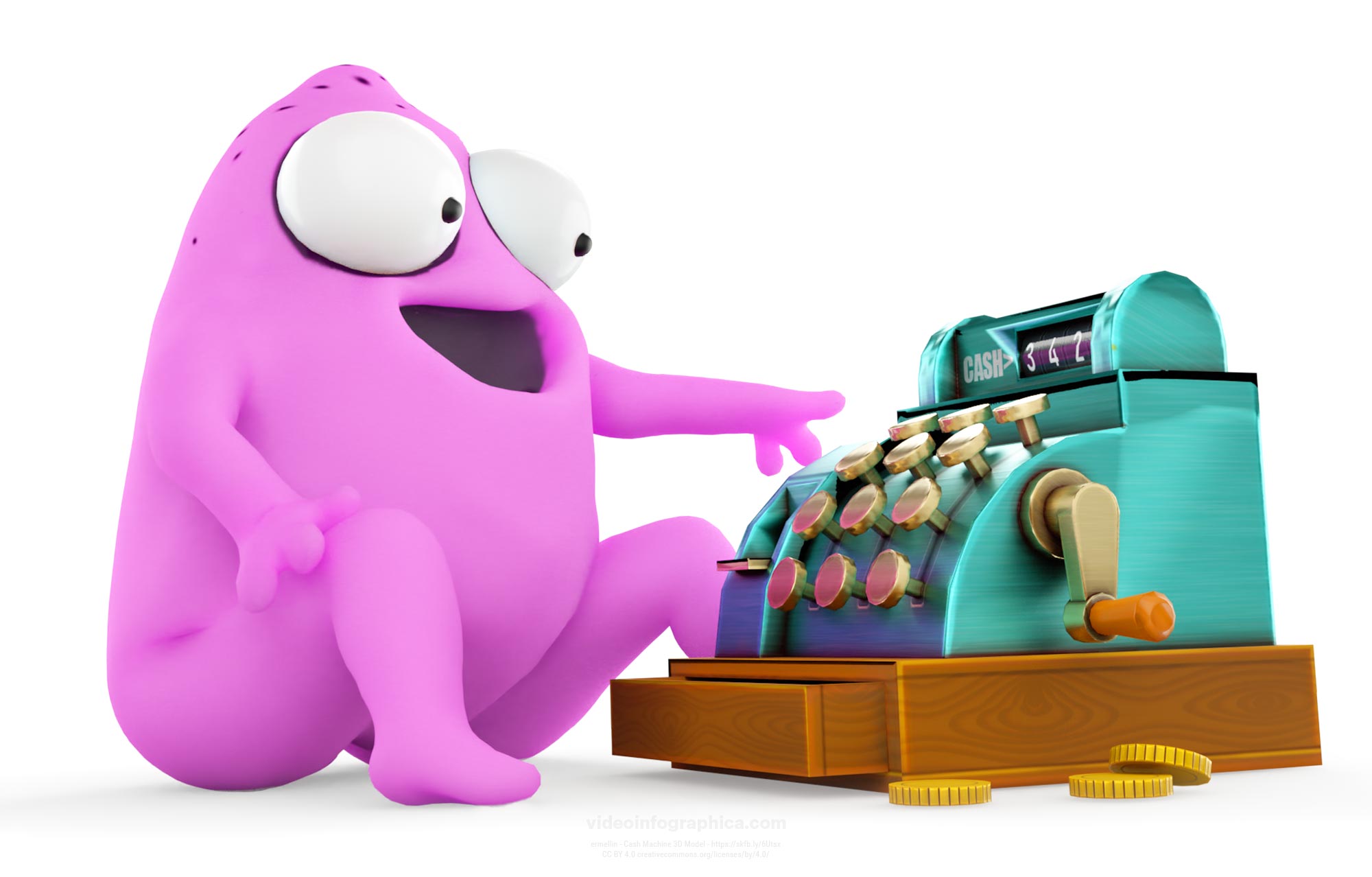 Фиолетовый человечек (1с программист) нажимает на счетной машинке