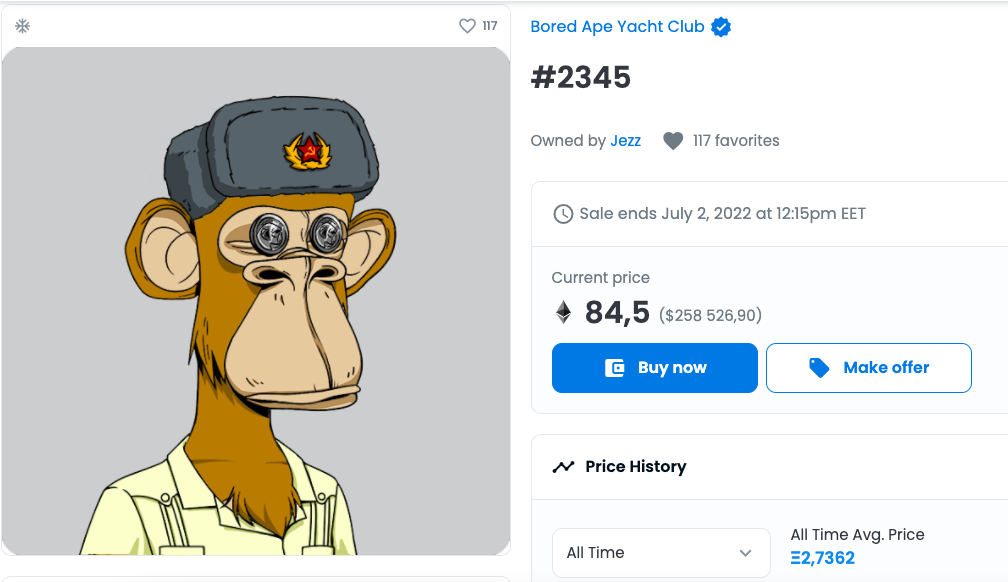 скриншот примата из коллекции bored ape yacht club: обезьяна в шапке в шапке солдата красной армии, глаза закрыты монетами