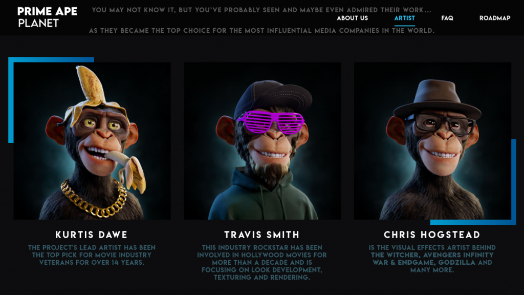 скриншот с сайта проекта prime ape planet: личности трех художников спрятаны за аватарами обезьян