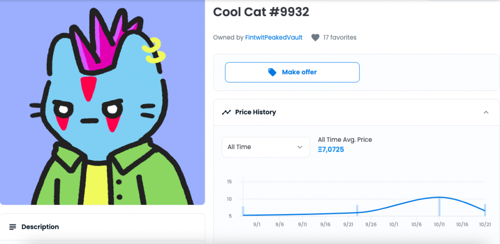 Скриншот кота номер 9932 из коллекции Cool Cats на сайте opensea. На картинке котик с боевым раскрасом, пирсингом и ирокезом, а также график, отражающий историю цен и продаж данного nft.