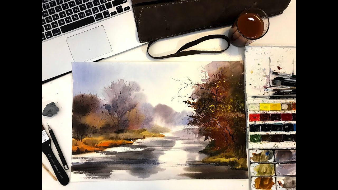 Акварельный пейзаж «Осеннее утро». Рисуем атмосферный осенний пейзаж в технике «по-мокрому».